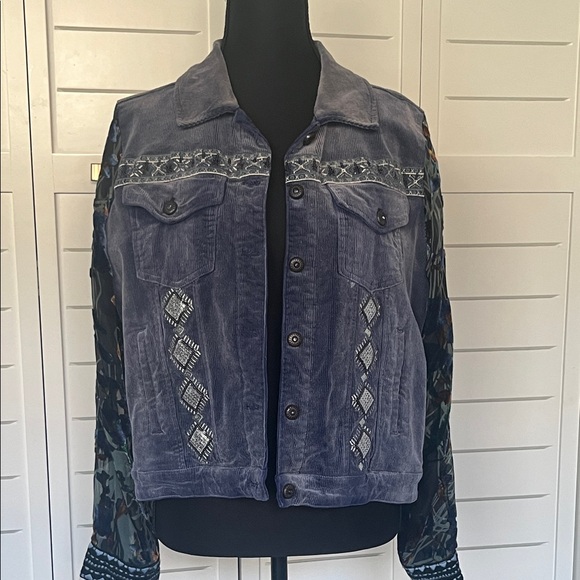 John Mark Jackets & Blazers - John Mark Jacket Dark Blue Corduroy Beaded Velvet Burnout Sleeves Medium
